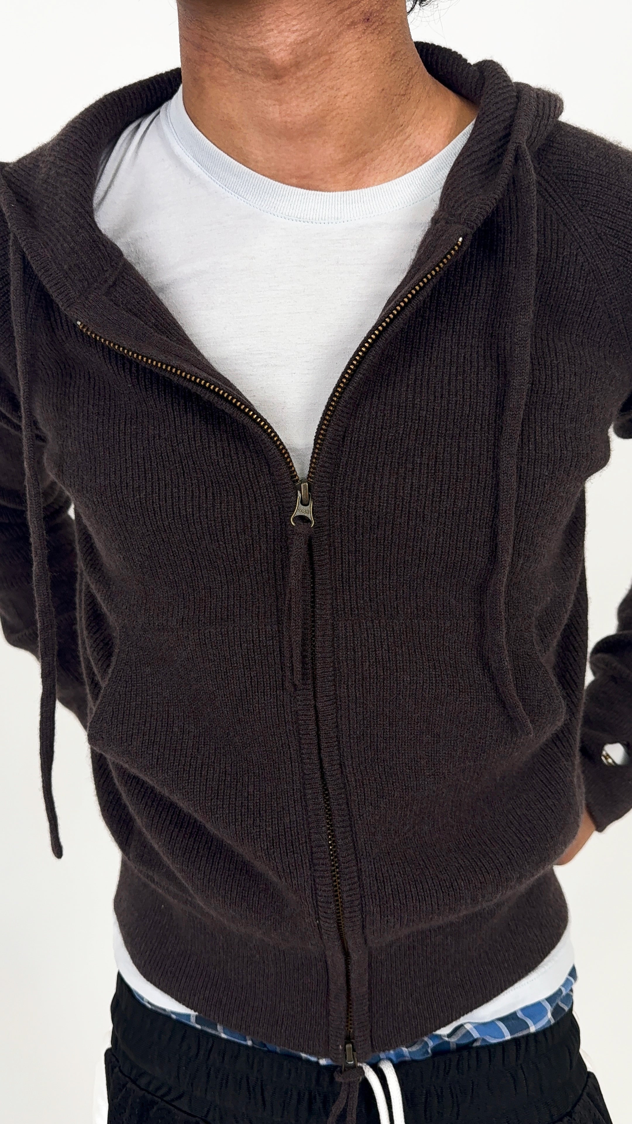 Brown Ribbed Cashmere Zip