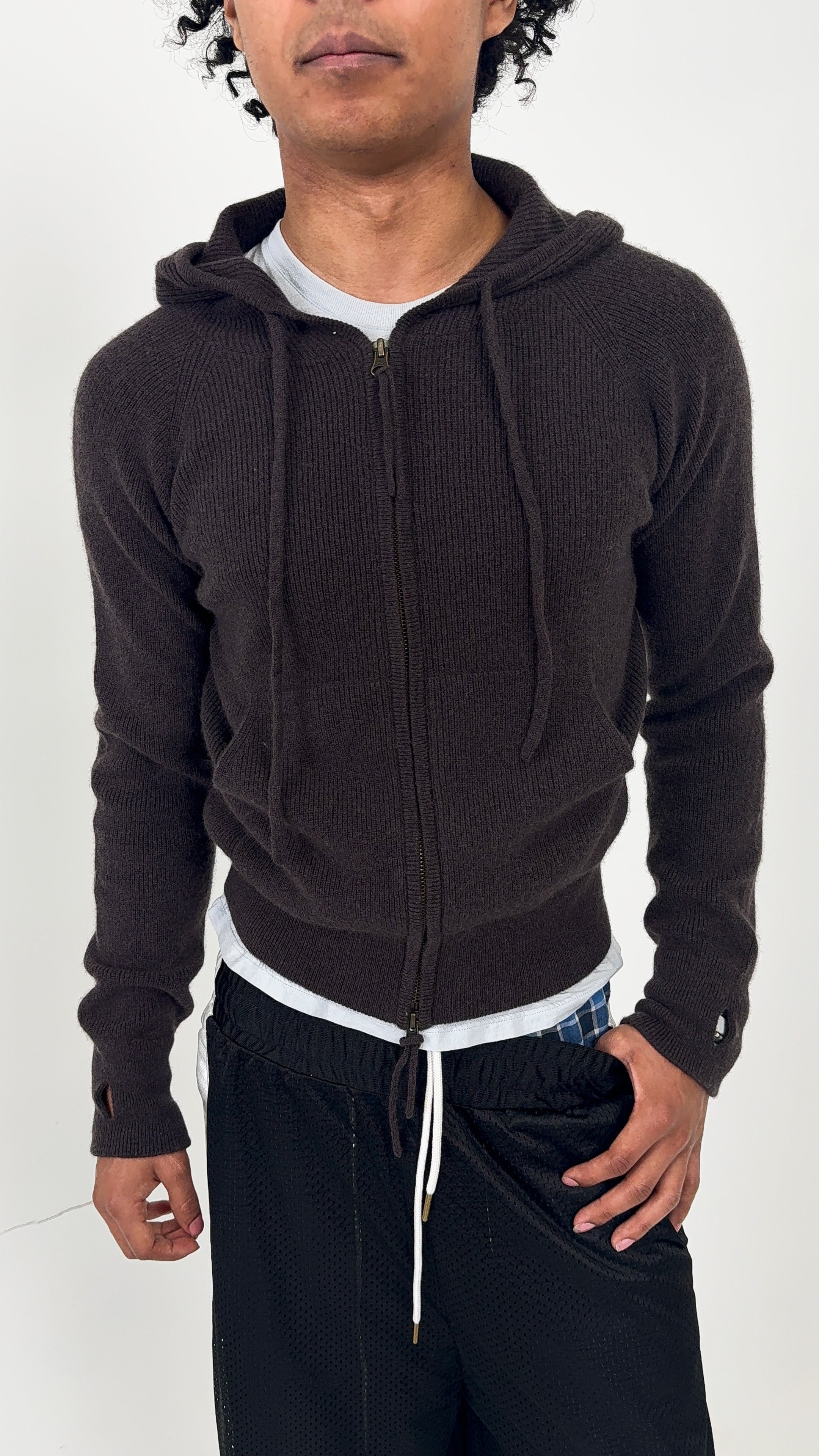 Brown Ribbed Cashmere Zip