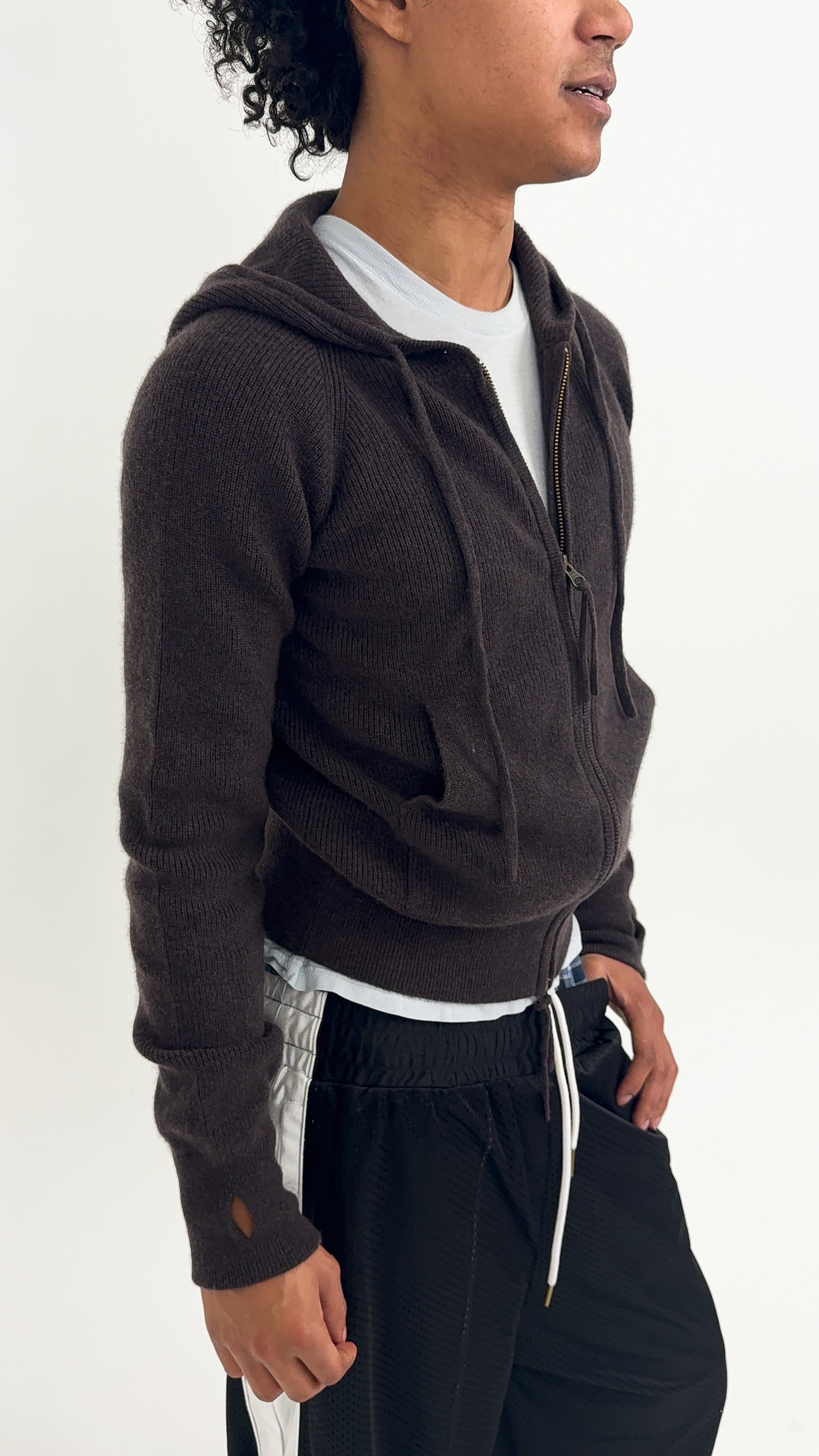 Brown Ribbed Cashmere Zip