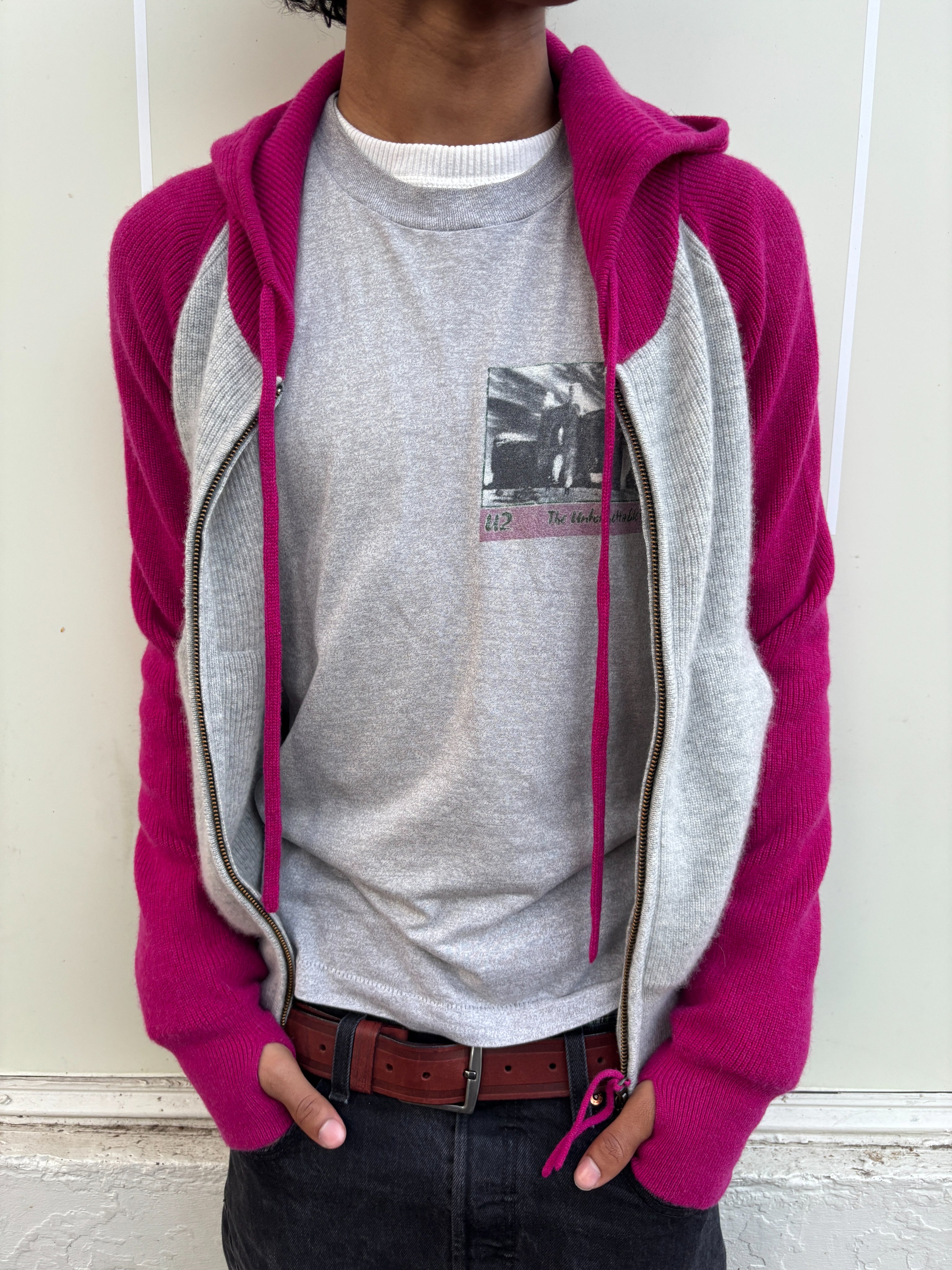 Pink Ribbed Cashmere Knit Hoodie