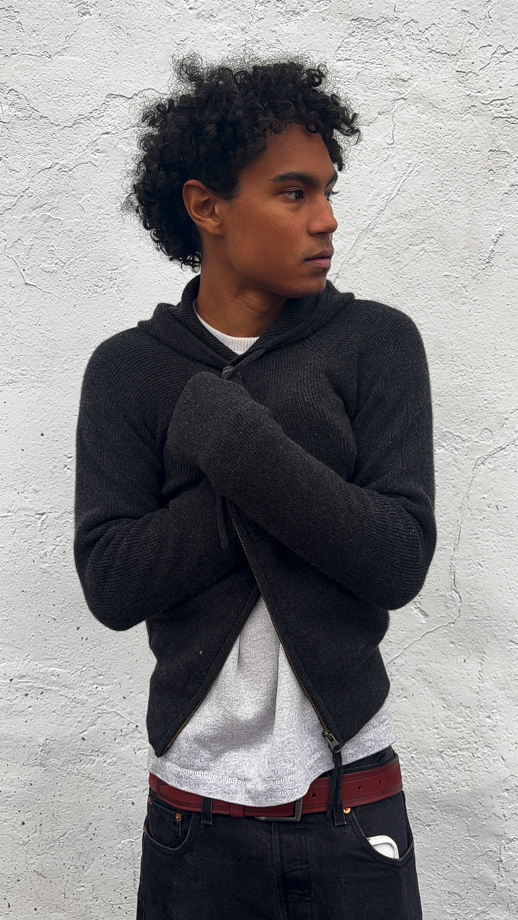 Ribbed Cashmere Knit Hoodie Black