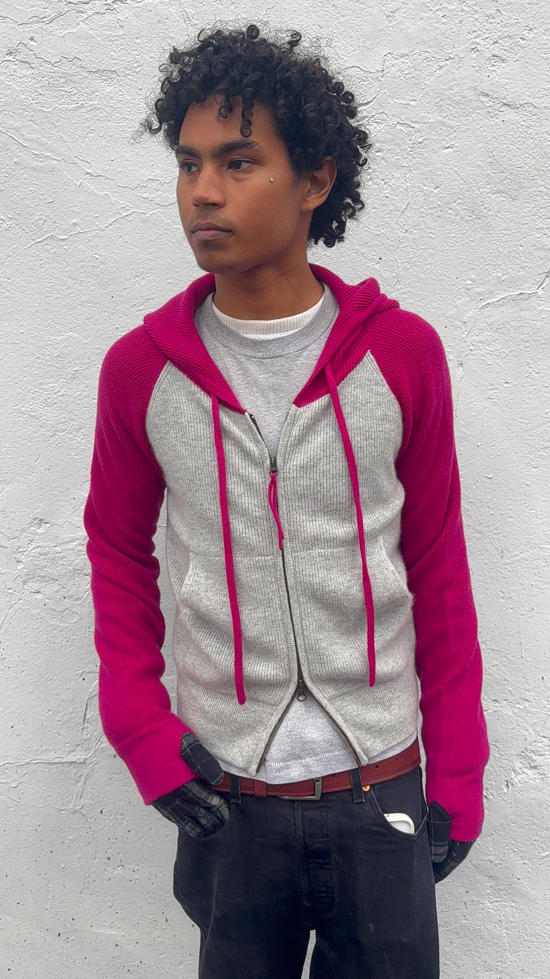 Ribbed Cashmere Knit Hoodie Pink