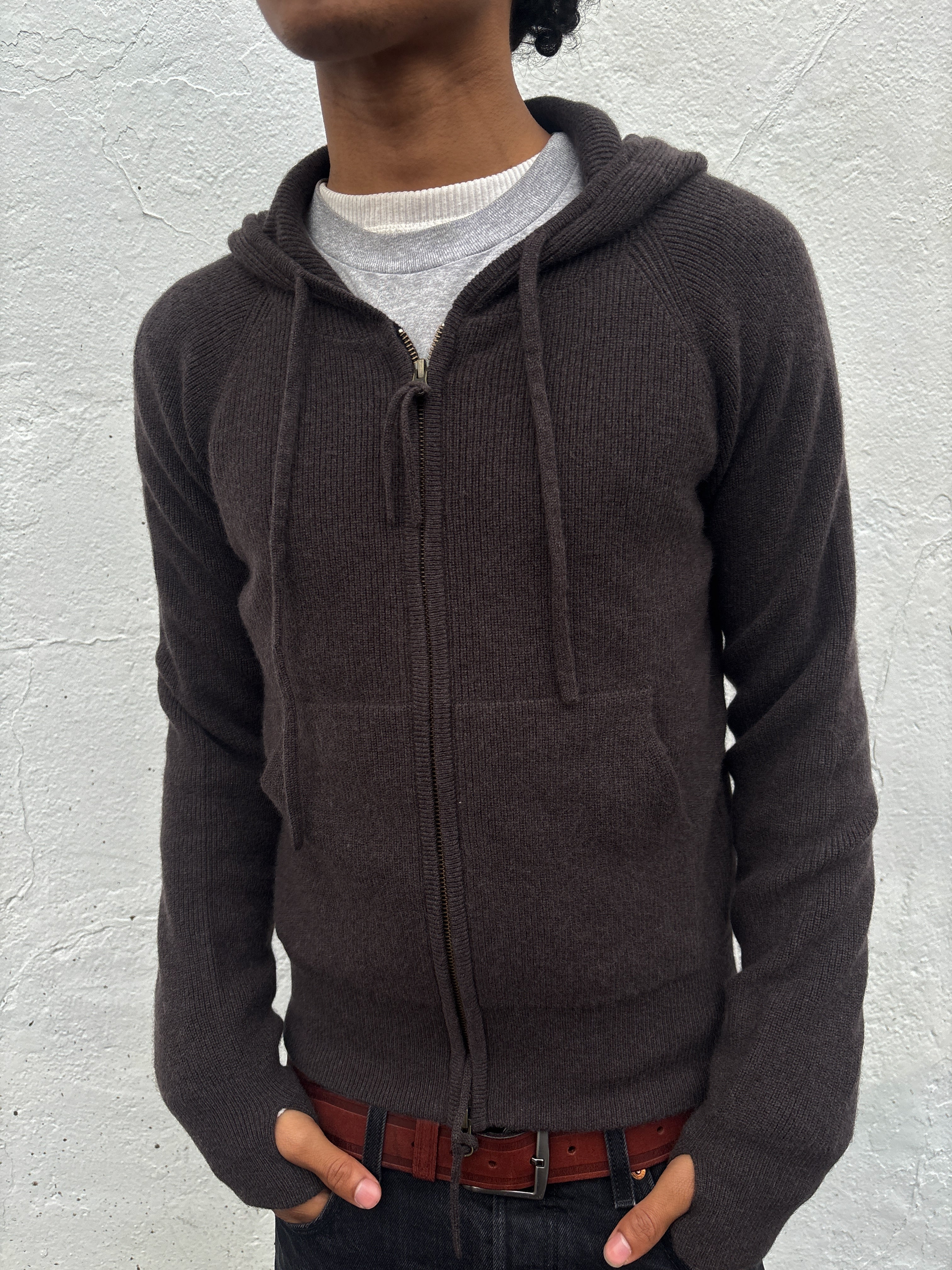 Brown Ribbed Cashmere Knit Hoodie