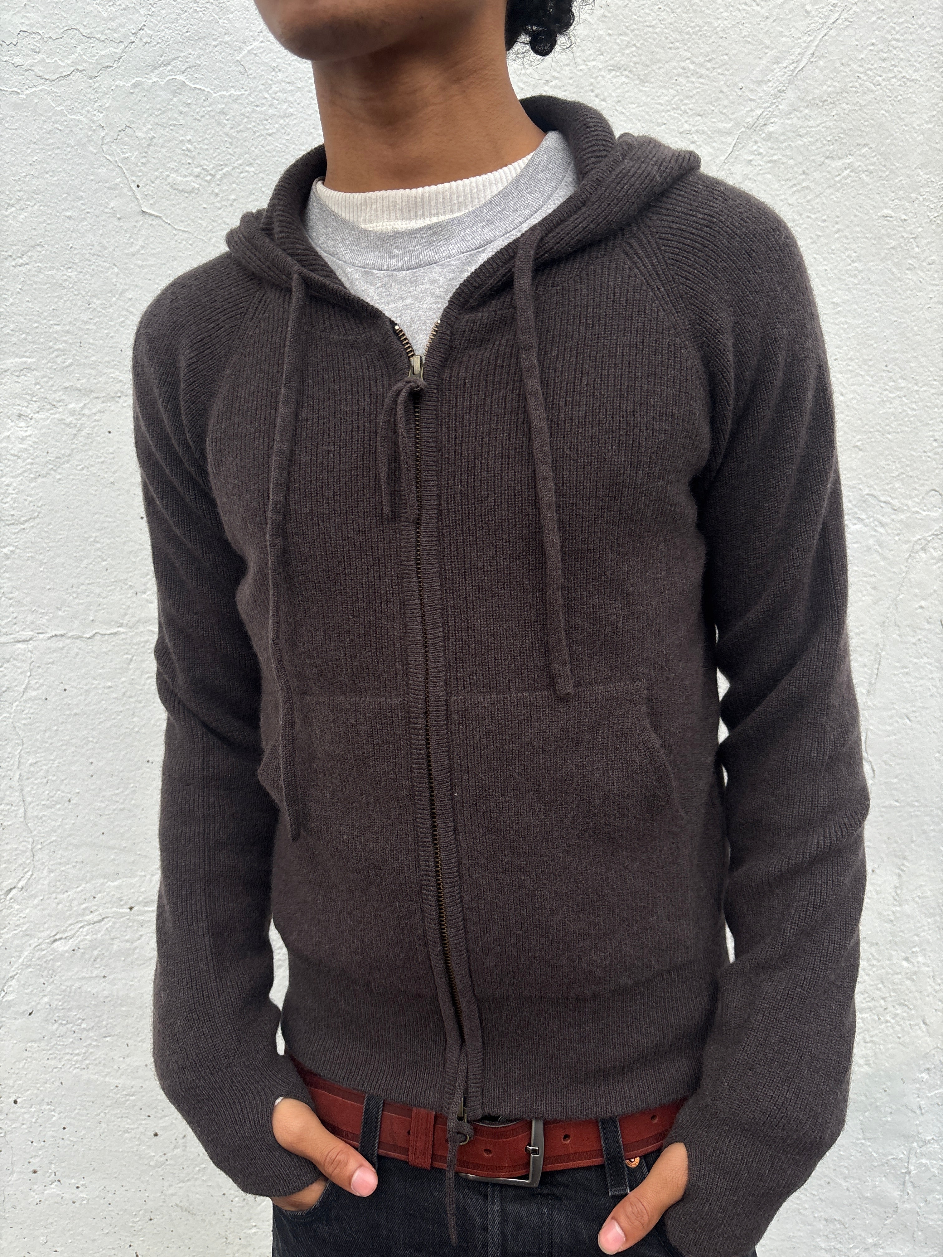 Ribbed Cashmere Knit Hoodie Brown
