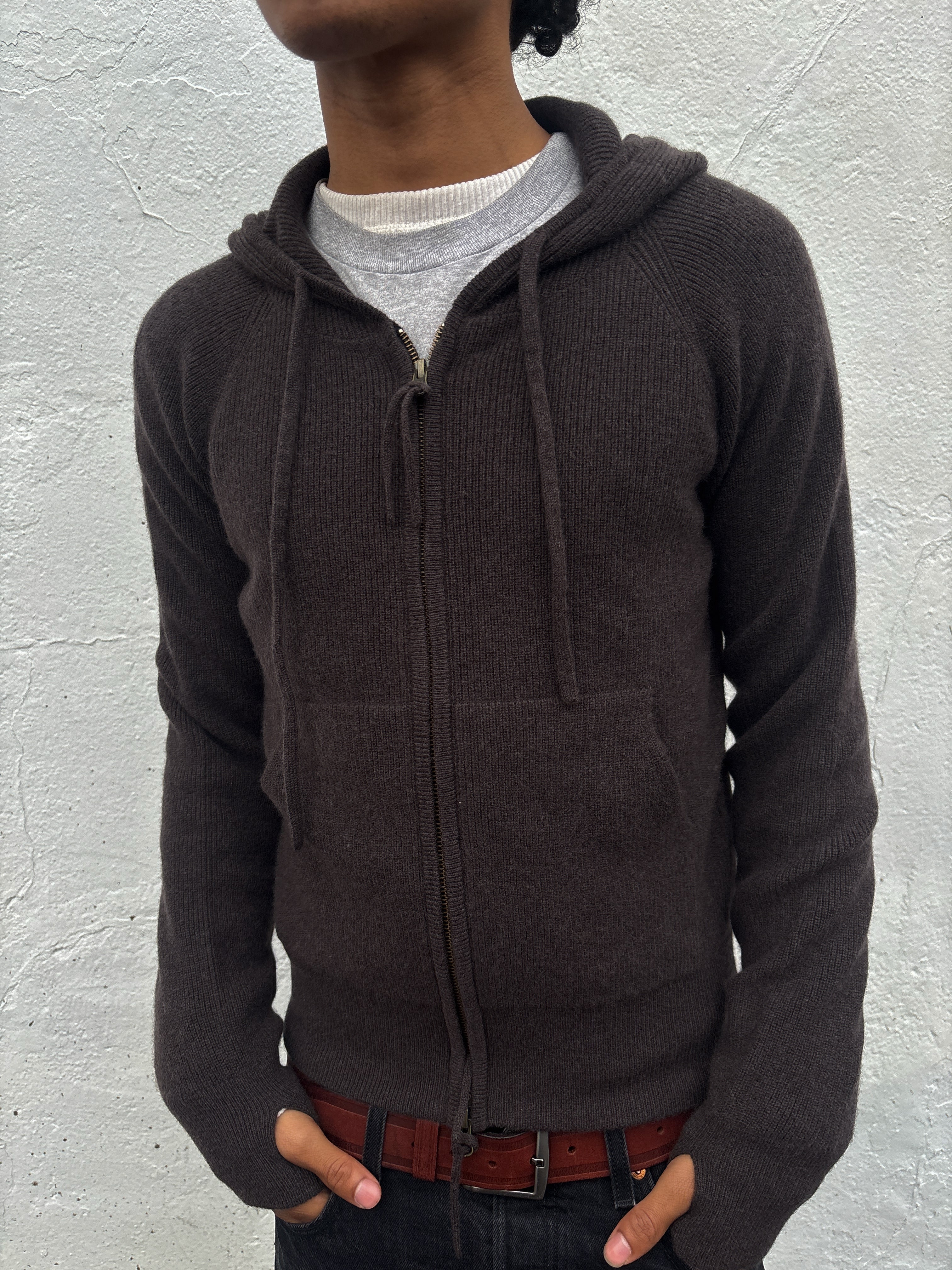 Brown Ribbed Cashmere Knit Hoodie