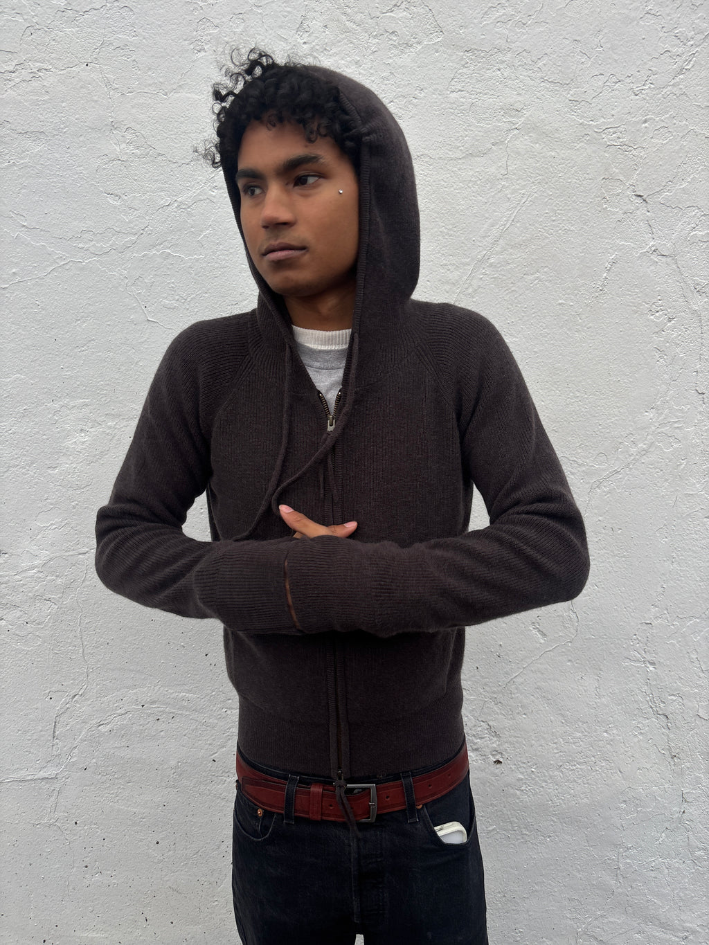 Ribbed Cashmere Knit Hoodie Brown