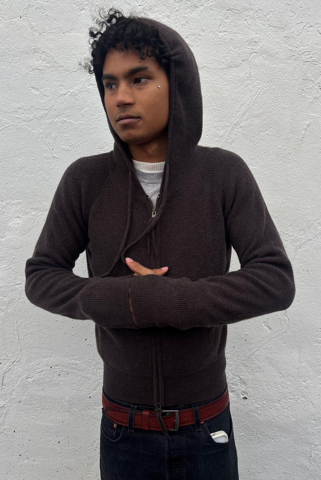 Brown Ribbed Cashmere Zip