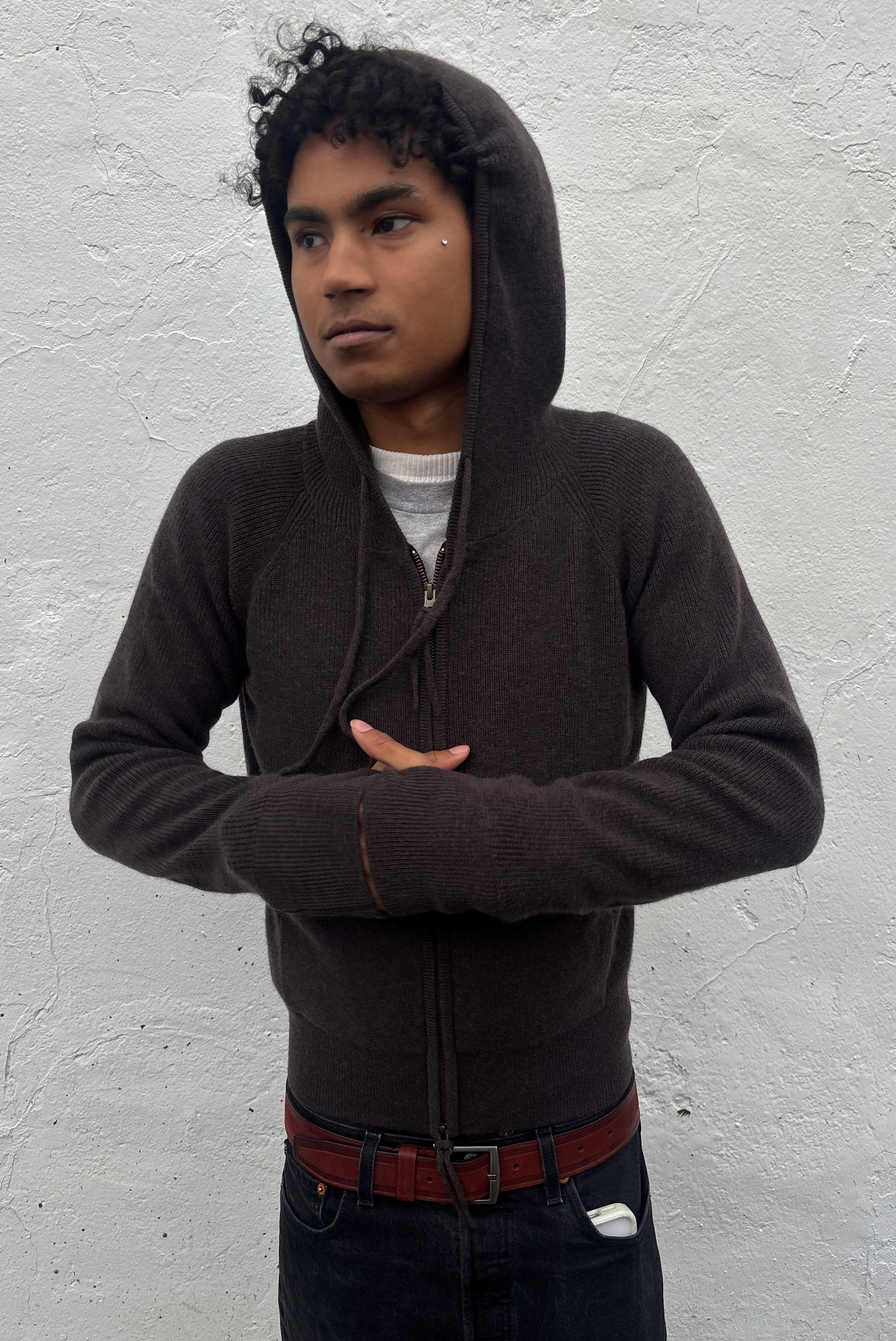 Brown Ribbed Cashmere Zip