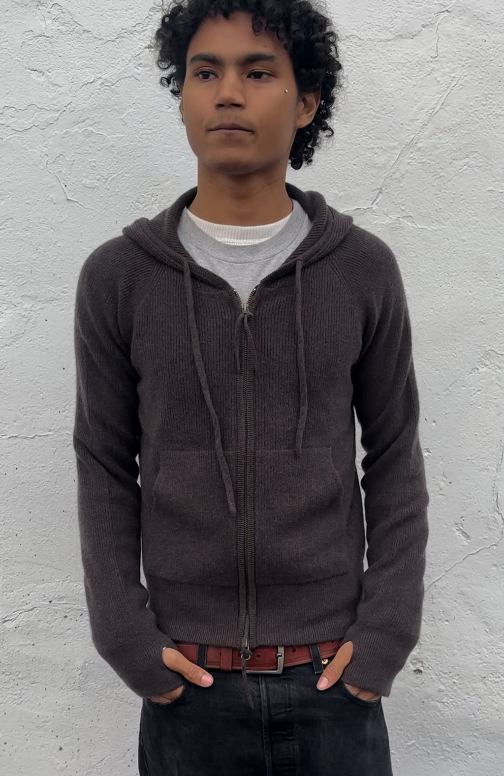 Brown Ribbed Cashmere Zip