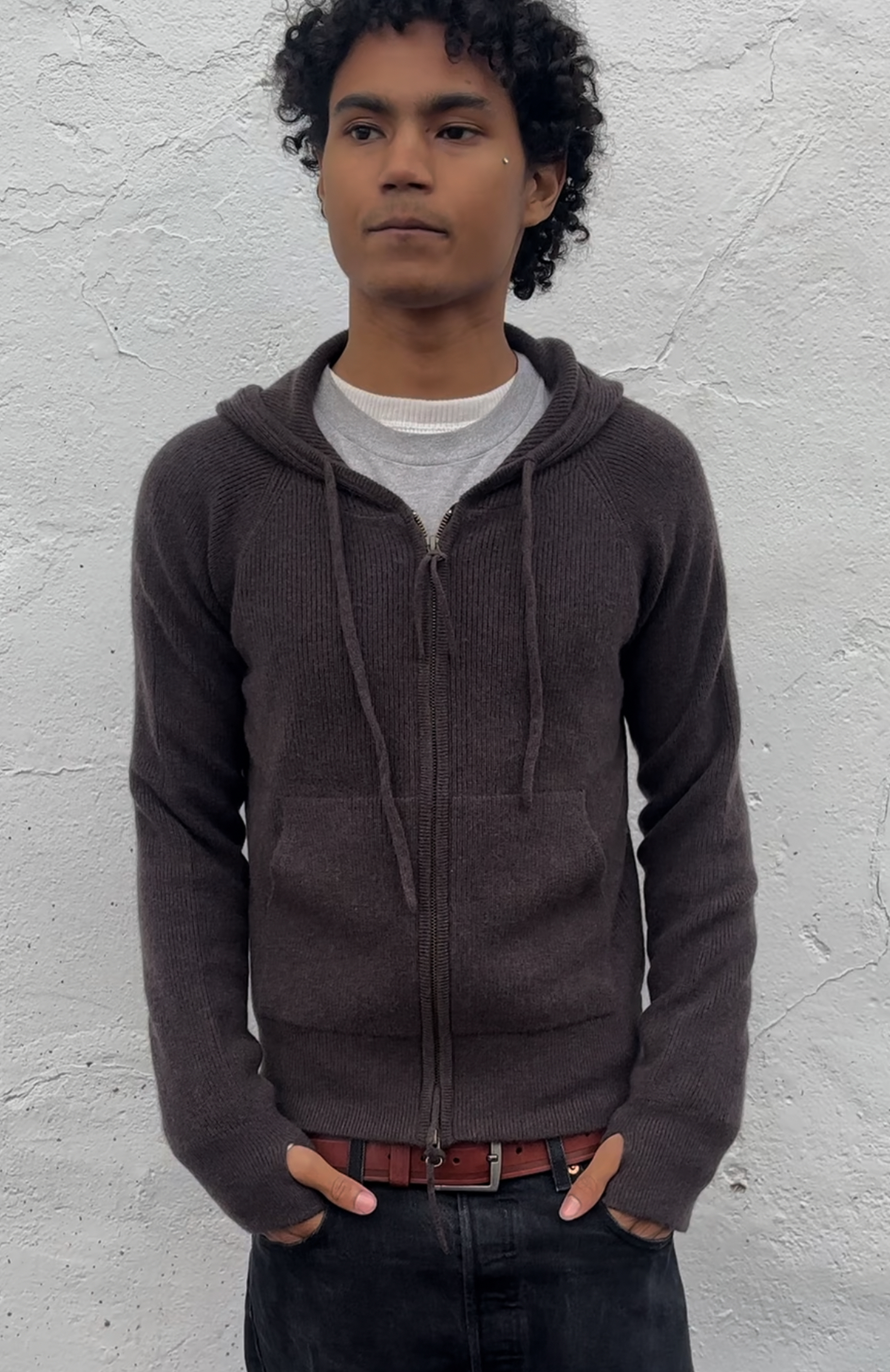 Brown Ribbed Cashmere Zip