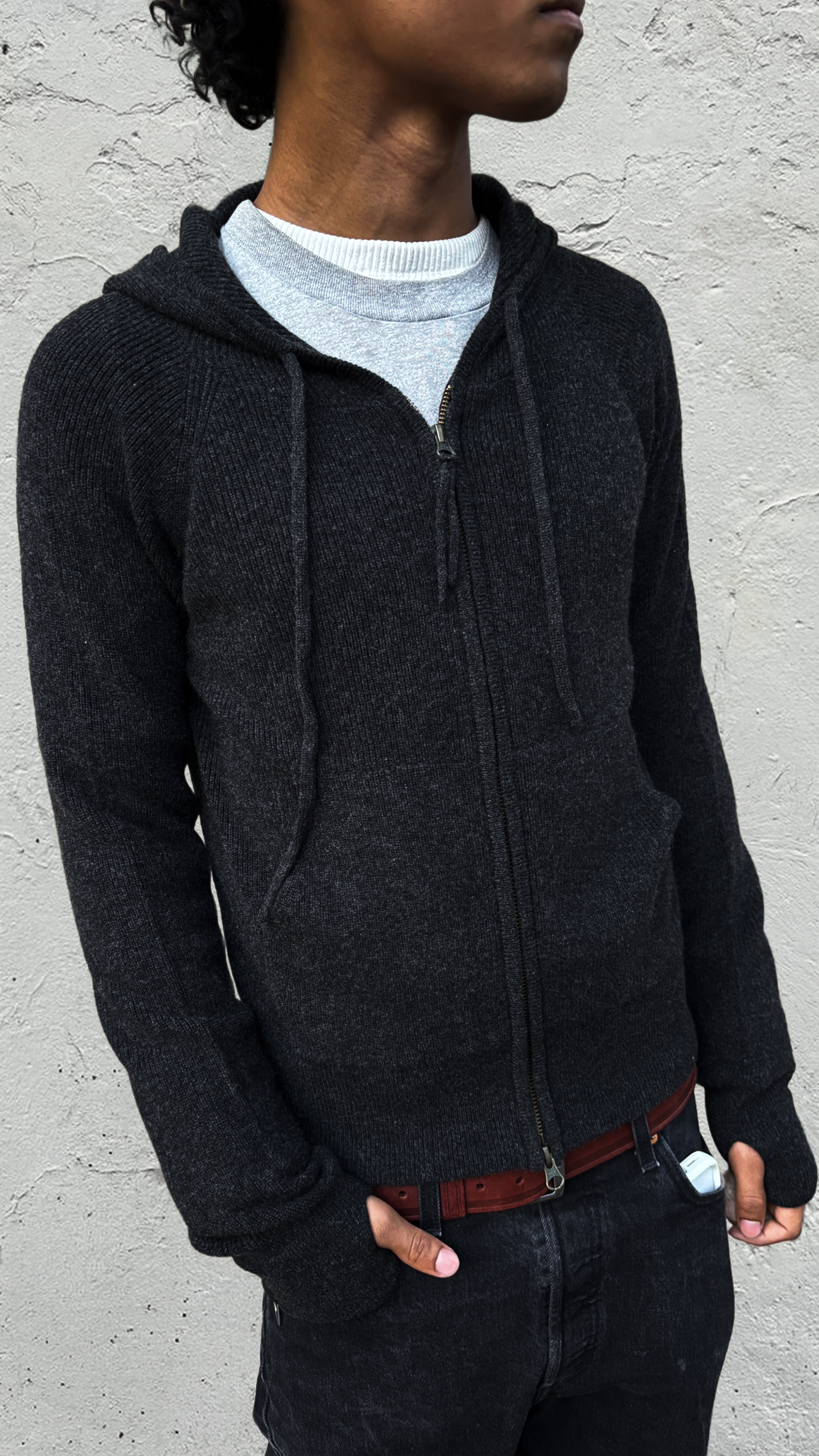 Ribbed Cashmere Knit Hoodie Black