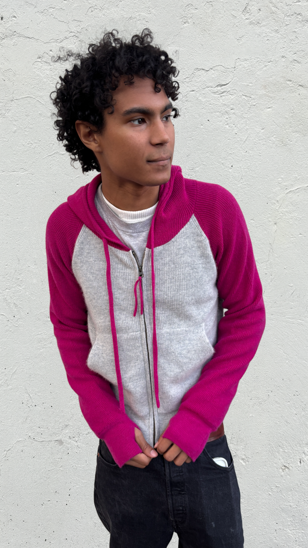 Ribbed Cashmere Knit Hoodie Pink