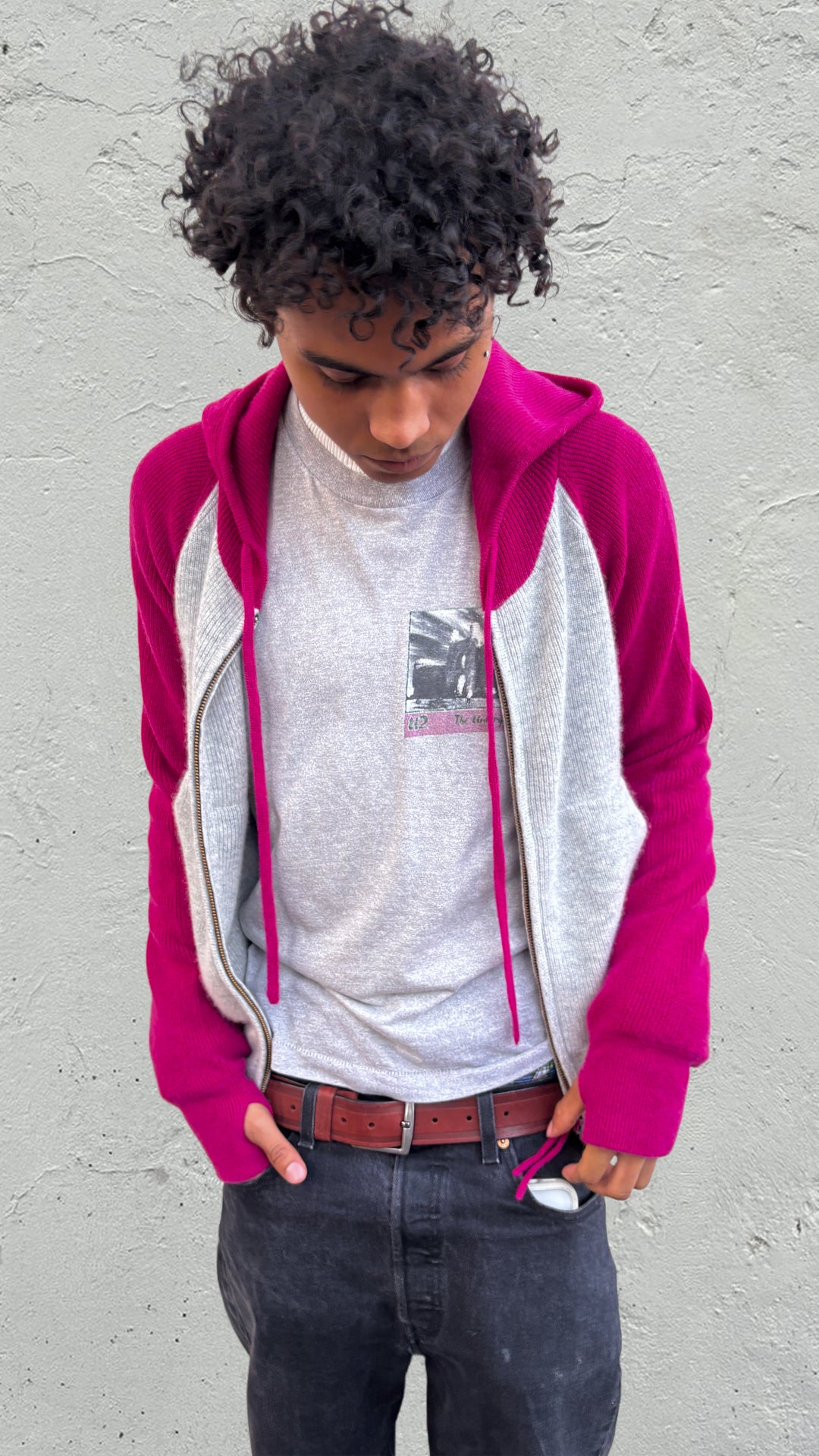 Ribbed Cashmere Knit Hoodie Pink